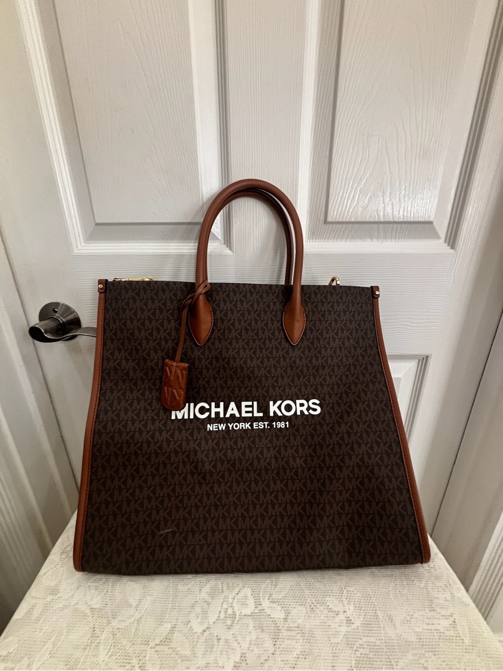 Michael Kors Brown MK Logo Tote with Tan Trim